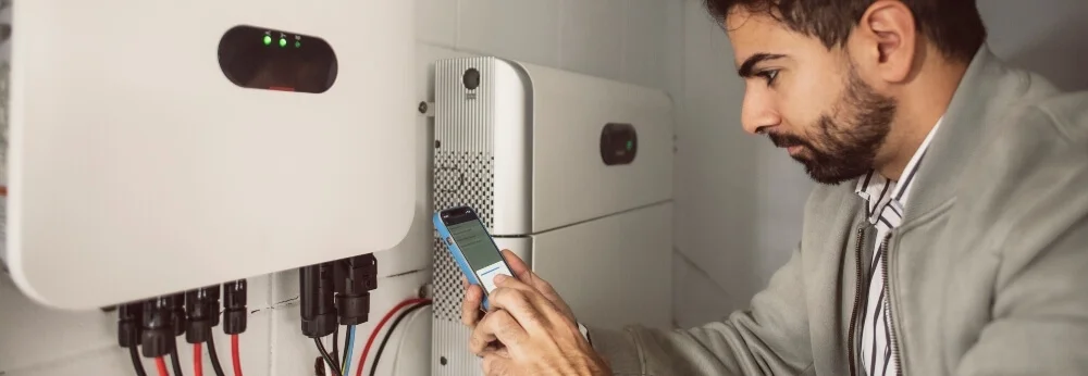 Person bedient Smartphone an Solaranlage